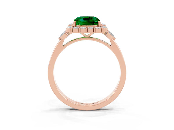 Rose gold Cushion Cut Emerald Halo Ring with Pear Side Stones and Prong Setting