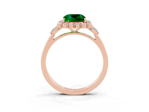 Rose gold Cushion Cut Emerald Halo Ring with Pear Side Stones and Prong Setting_15