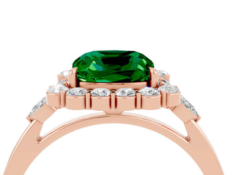 Rose gold Cushion Cut Emerald Halo Ring with Pear Side Stones and Prong Setting_16