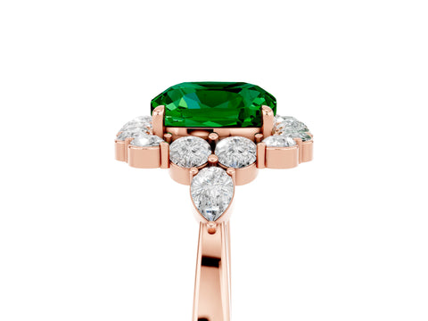Rose gold Cushion Cut Emerald Halo Ring with Pear Side Stones and Prong Setting_17