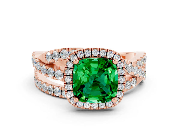 Rose gold Cushion Cut Emerald Halo Ring with Round Split Shank and Prong Setting