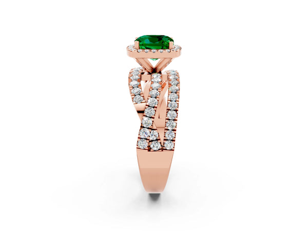 Rose gold Cushion Cut Emerald Halo Ring with Round Split Shank and Prong Setting