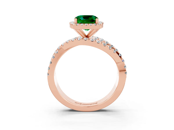 Rose gold Cushion Cut Emerald Halo Ring with Round Split Shank and Prong Setting