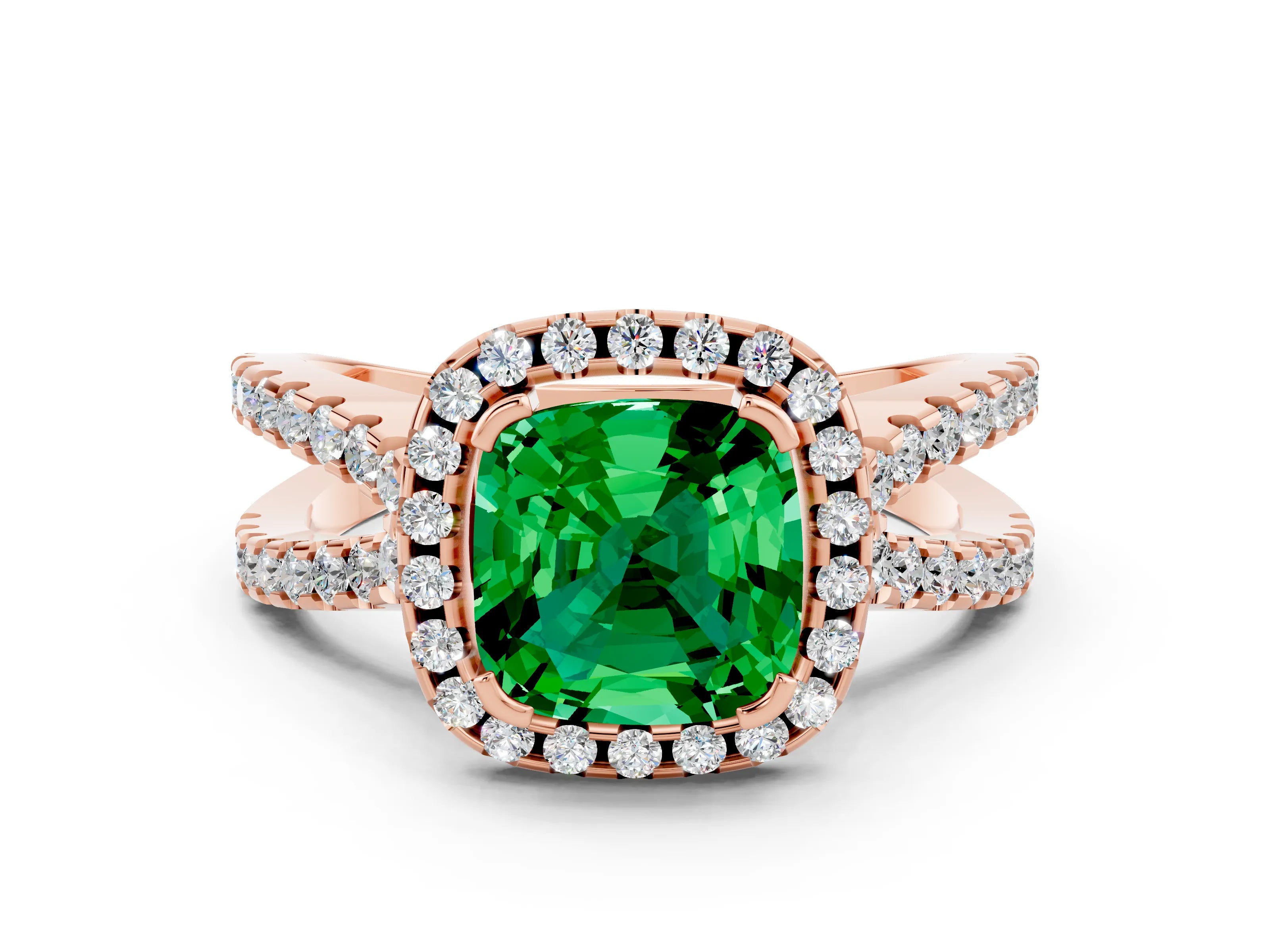 Rose gold Cushion Cut Emerald Halo Ring with Split Shank Pavé Band and Prong Setting