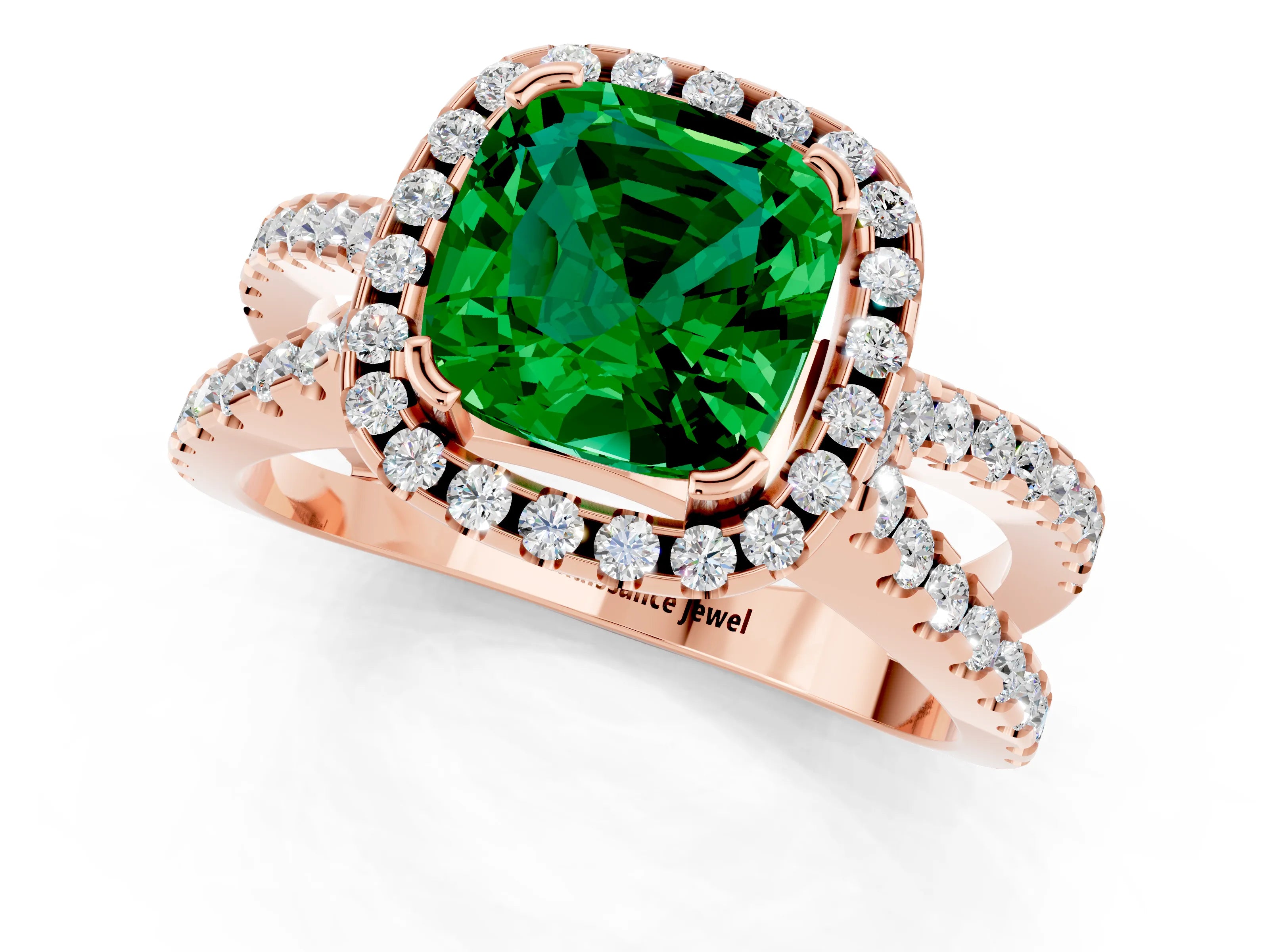 Rose gold Cushion Cut Emerald Halo Ring with Split Shank Pavé Band and Prong Setting_1