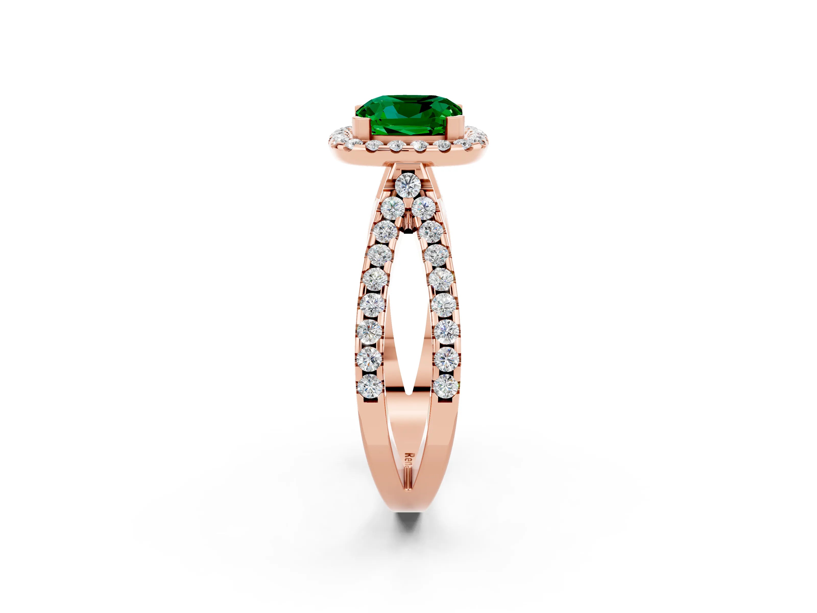 Rose gold Cushion Cut Emerald Halo Ring with Split Shank Pavé Band and Prong Setting_2