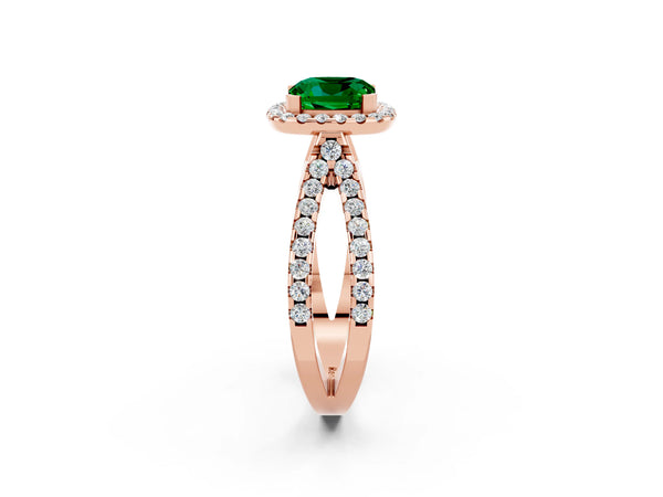 Rose gold Cushion Cut Emerald Halo Ring with Split Shank Pavé Band and Prong Setting