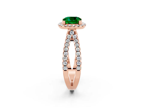Rose gold Cushion Cut Emerald Halo Ring with Split Shank Pavé Band and Prong Setting_2