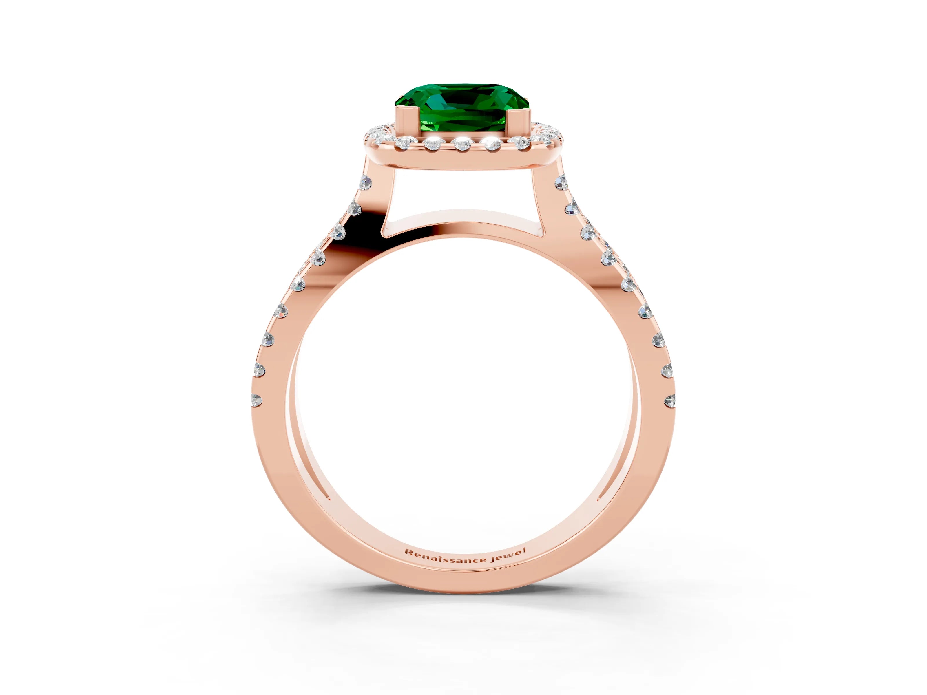 Rose gold Cushion Cut Emerald Halo Ring with Split Shank Pavé Band and Prong Setting_3