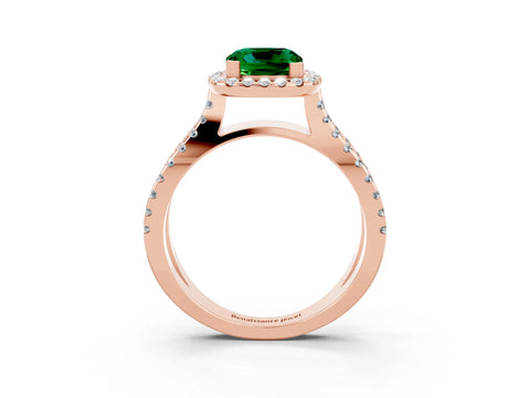 Rose gold Cushion Cut Emerald Halo Ring with Split Shank Pavé Band and Prong Setting_3