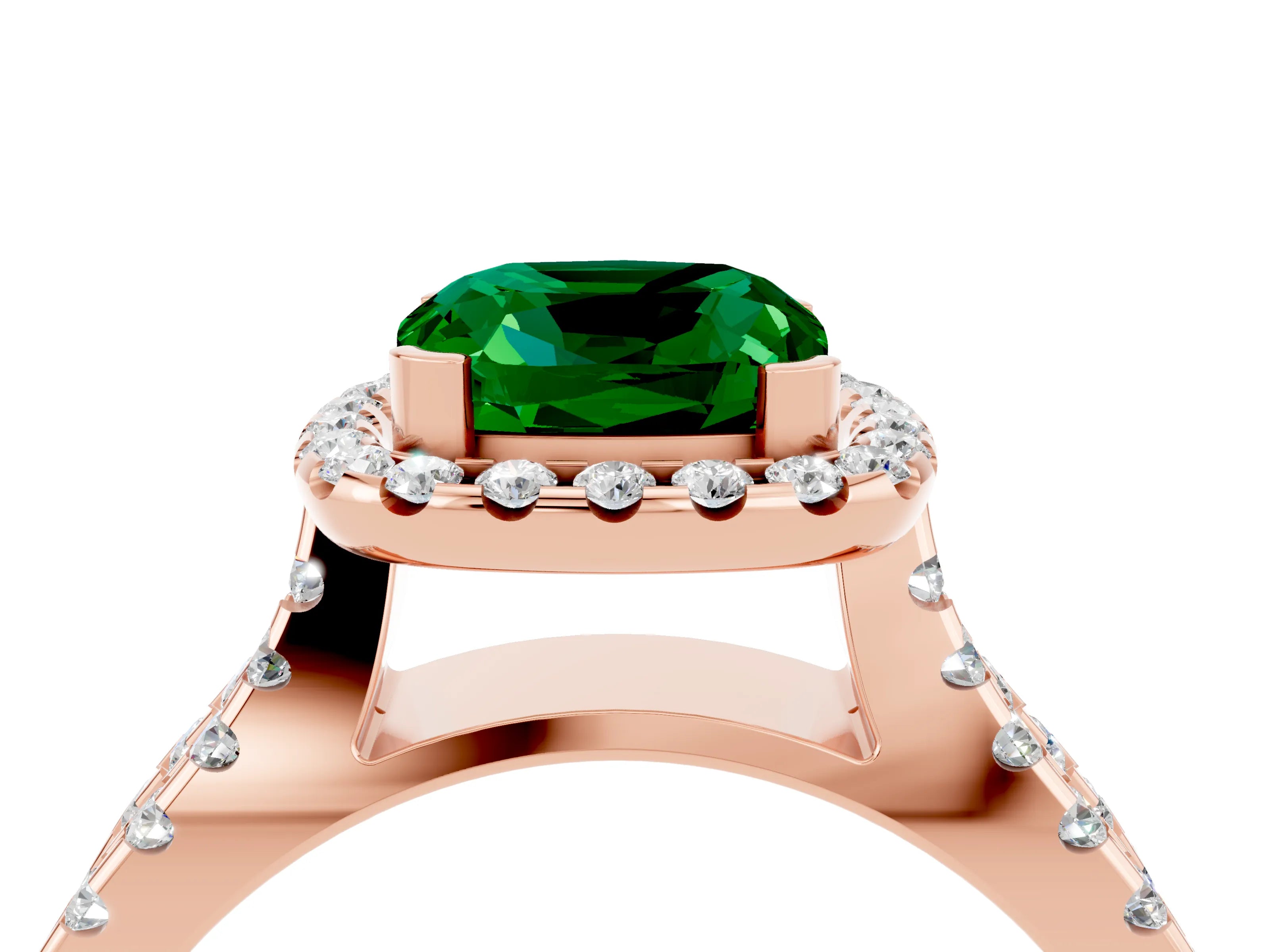 Rose gold Cushion Cut Emerald Halo Ring with Split Shank Pavé Band and Prong Setting_4