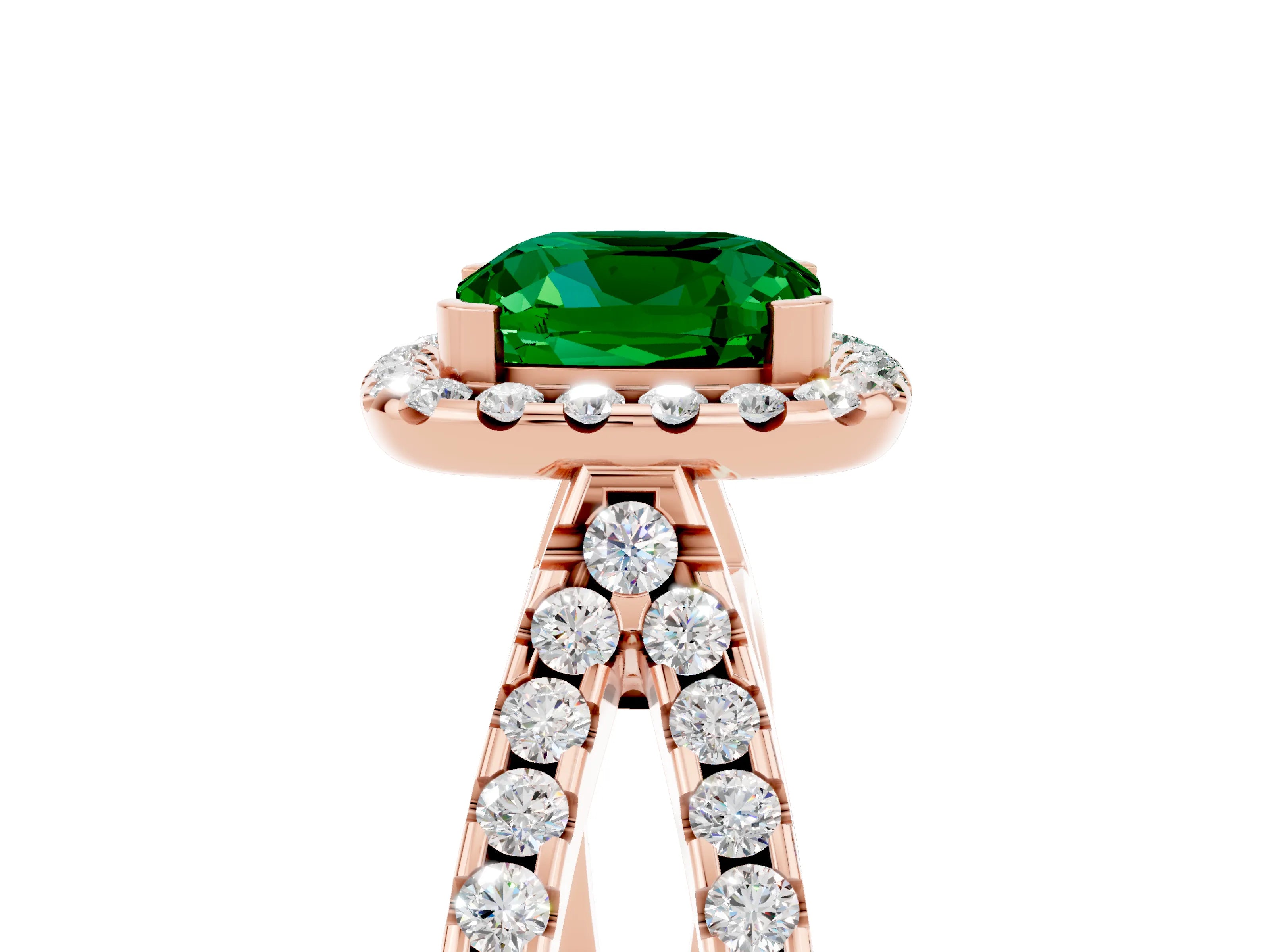 Rose gold Cushion Cut Emerald Halo Ring with Split Shank Pavé Band and Prong Setting_5