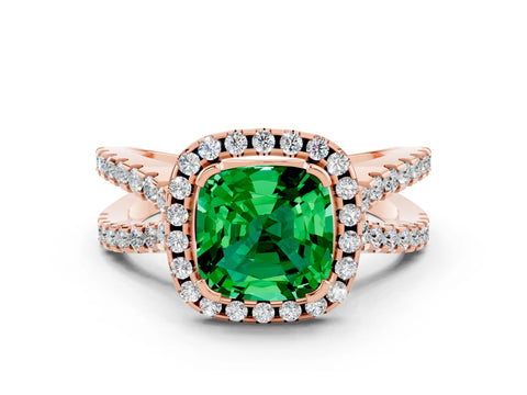 Rose gold Cushion Cut Emerald Halo Ring with Split Shank Pavé Band and Prong Setting