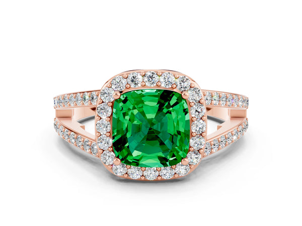 Rose gold Cushion Cut Emerald Halo Ring with Split Shank U-Prong Band and Four-Prong Setting