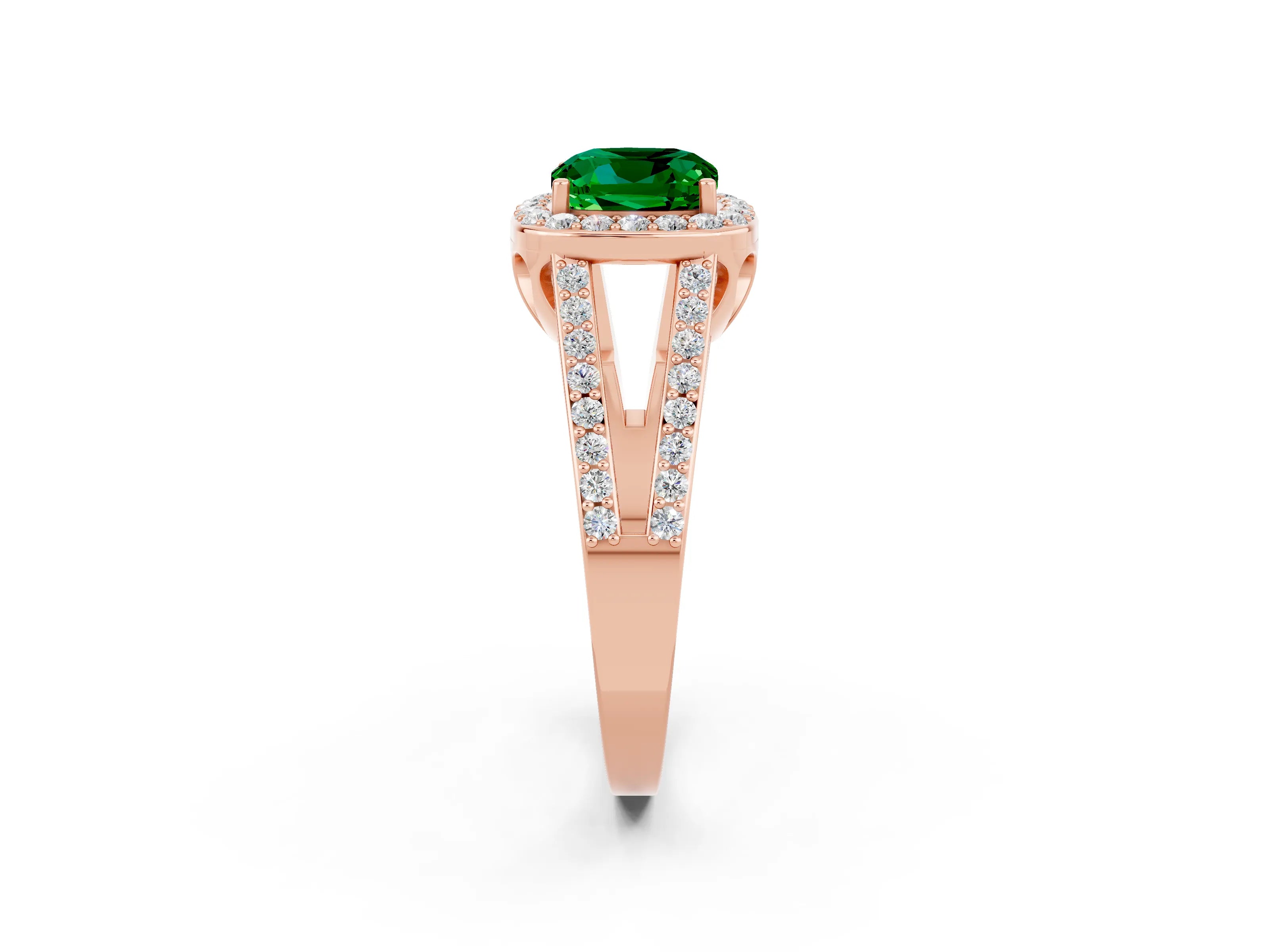 Rose gold Cushion Cut Emerald Halo Ring with Split Shank U-Prong Band and Four-Prong Setting_2