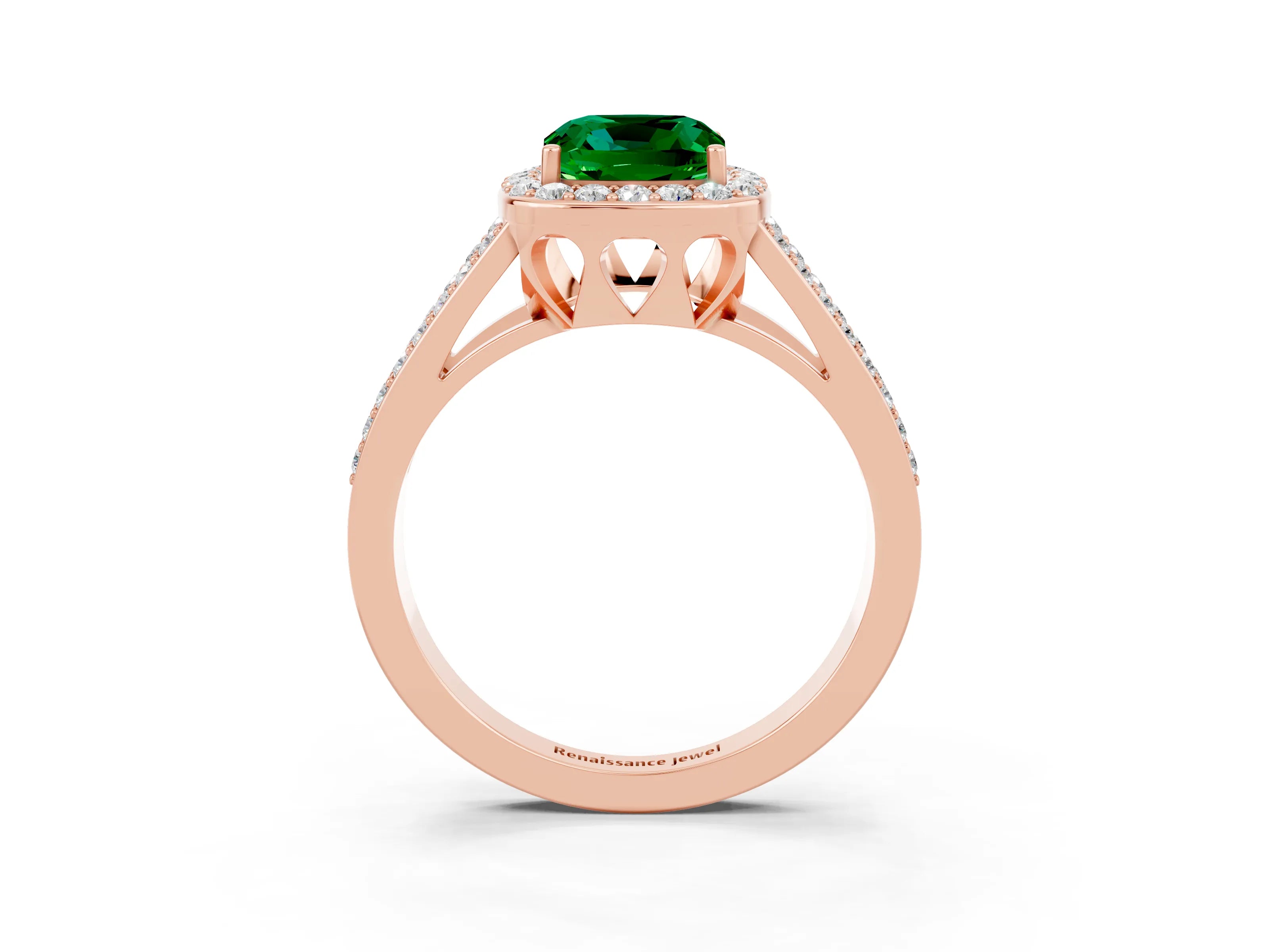 Rose gold Cushion Cut Emerald Halo Ring with Split Shank U-Prong Band and Four-Prong Setting_3