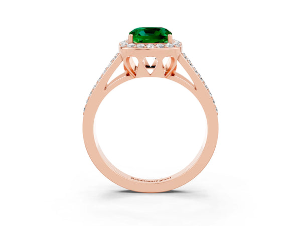 Rose gold Cushion Cut Emerald Halo Ring with Split Shank U-Prong Band and Four-Prong Setting