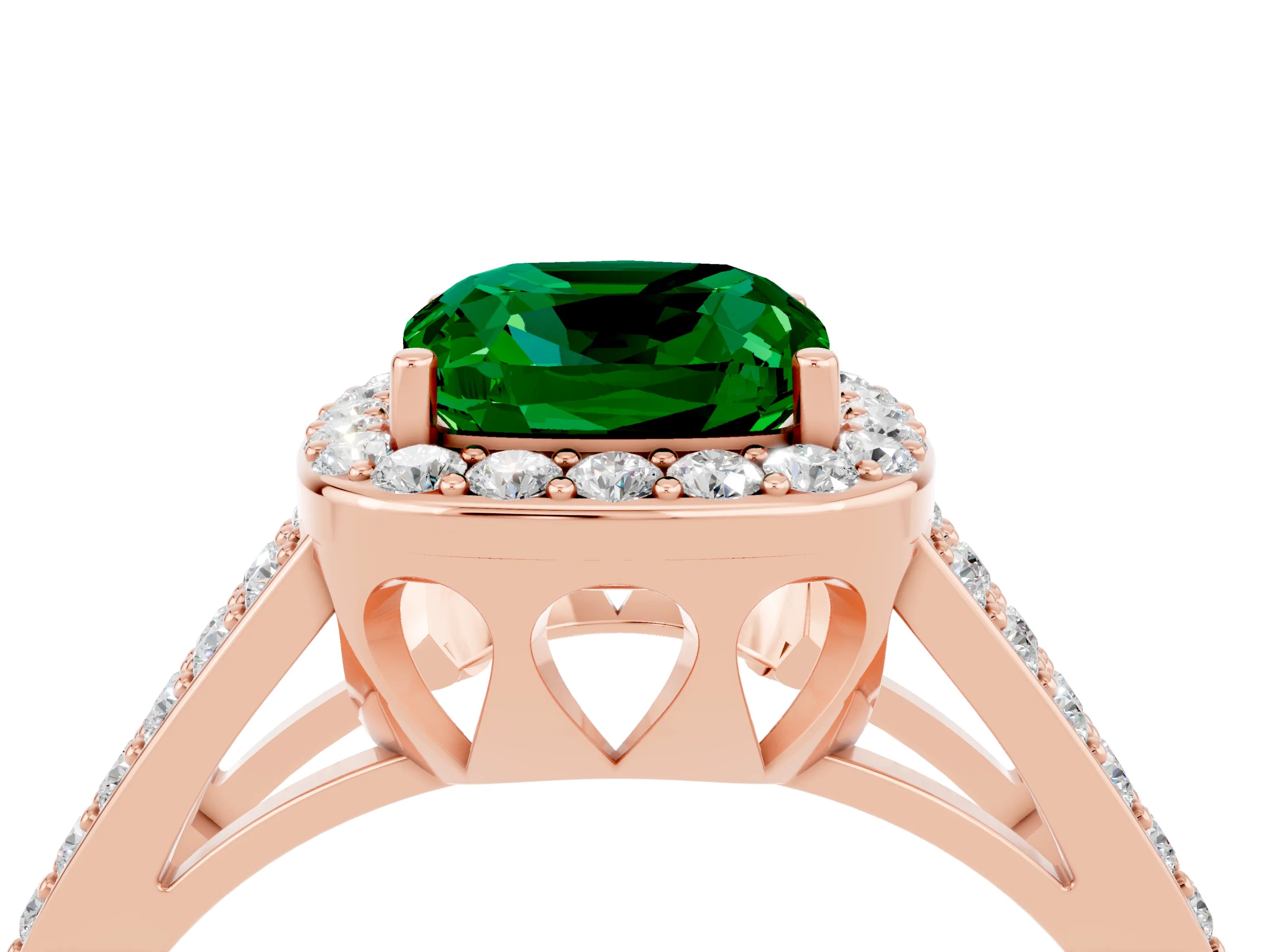 Rose gold Cushion Cut Emerald Halo Ring with Split Shank U-Prong Band and Four-Prong Setting_4