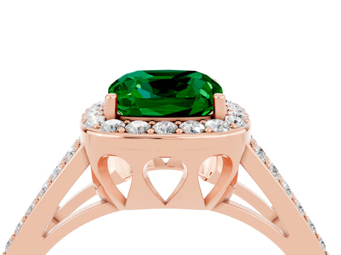 Rose gold Cushion Cut Emerald Halo Ring with Split Shank U-Prong Band and Four-Prong Setting_4