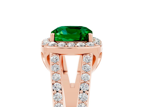 Rose gold Cushion Cut Emerald Halo Ring with Split Shank U-Prong Band and Four-Prong Setting_5