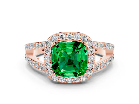 Rose gold Cushion Cut Emerald Halo Ring with Split Shank U-Prong Band and Four-Prong Setting