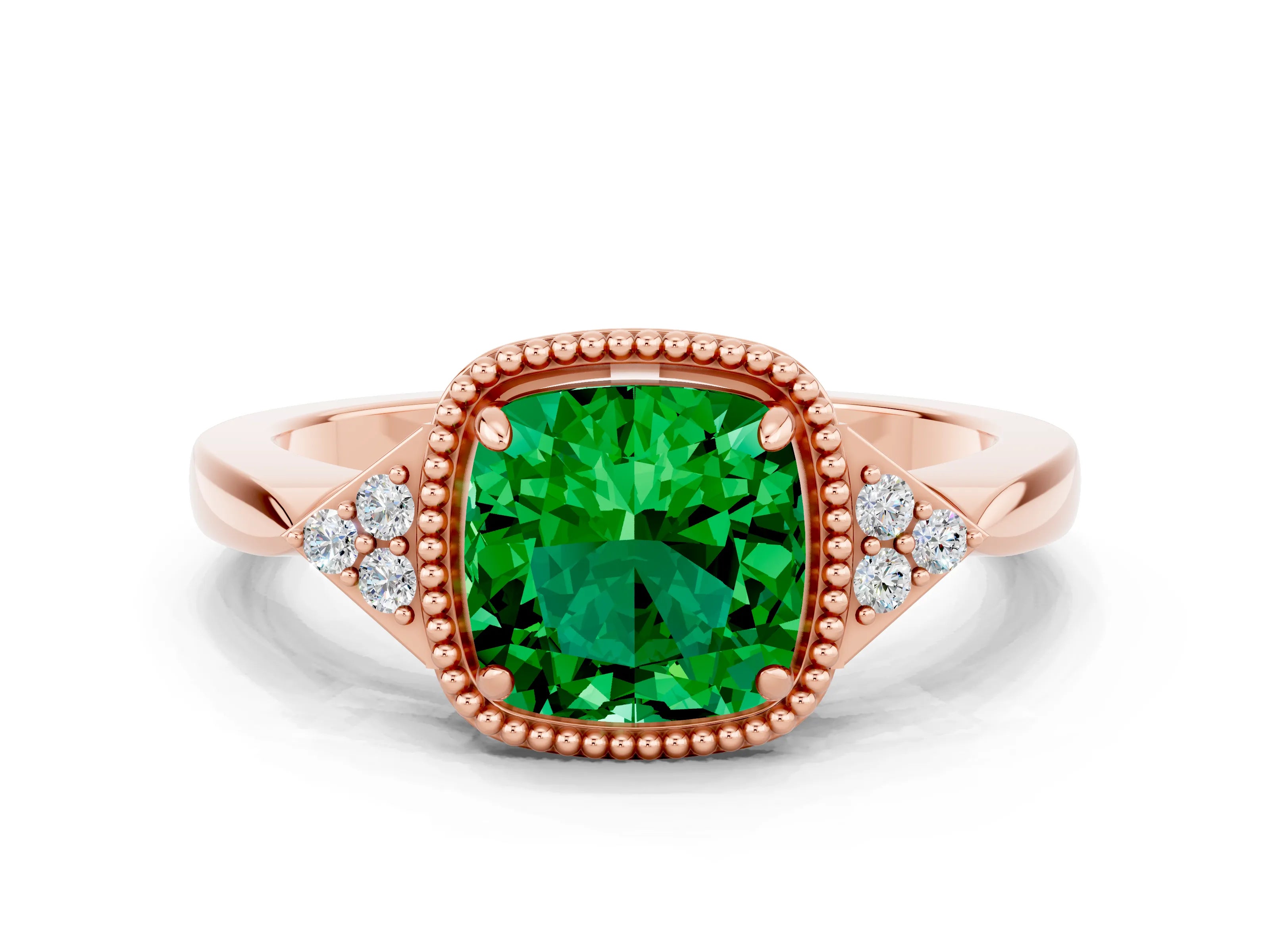 Rose gold Cushion Cut Emerald Halo Ring with Tapered Band and Four-Prong Setting