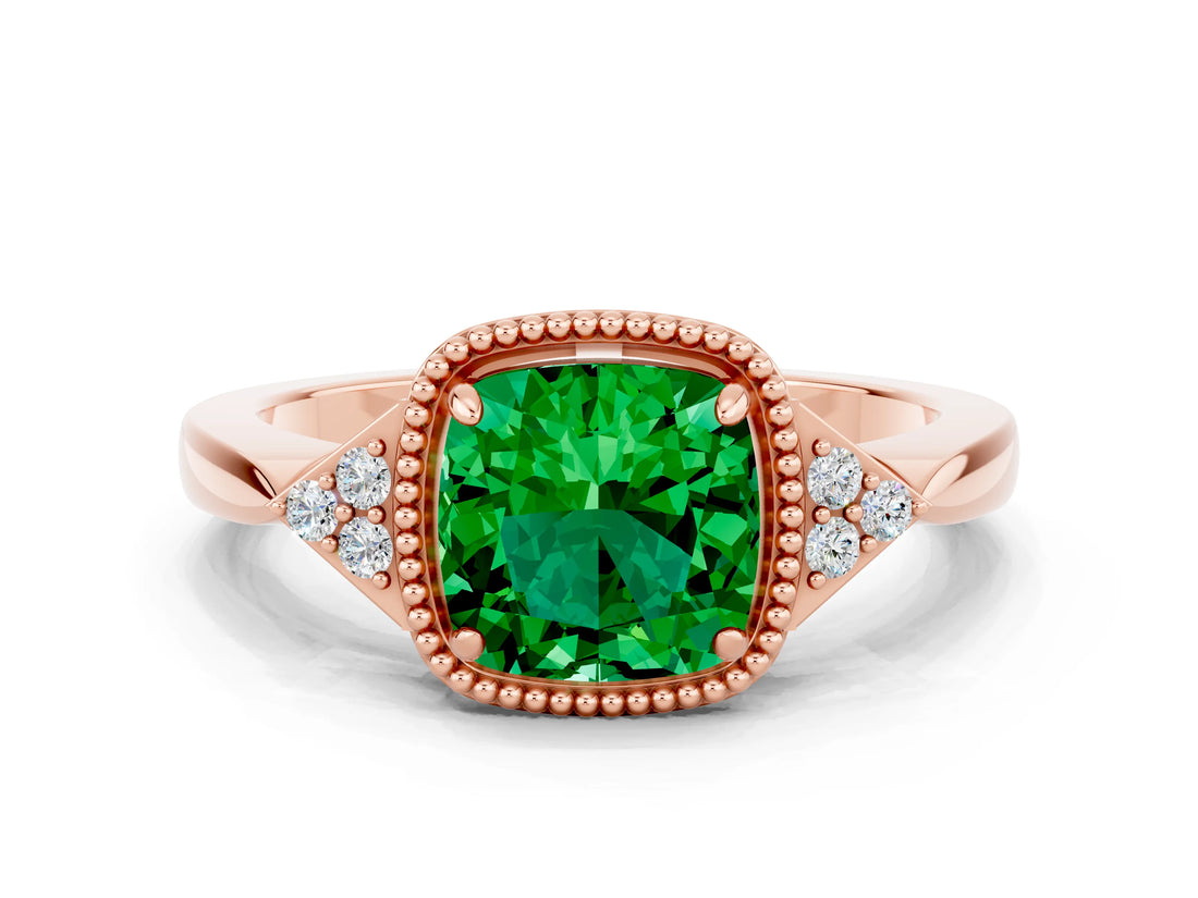 Rose gold Cushion Cut Emerald Halo Ring with Tapered Band and Four-Prong Setting