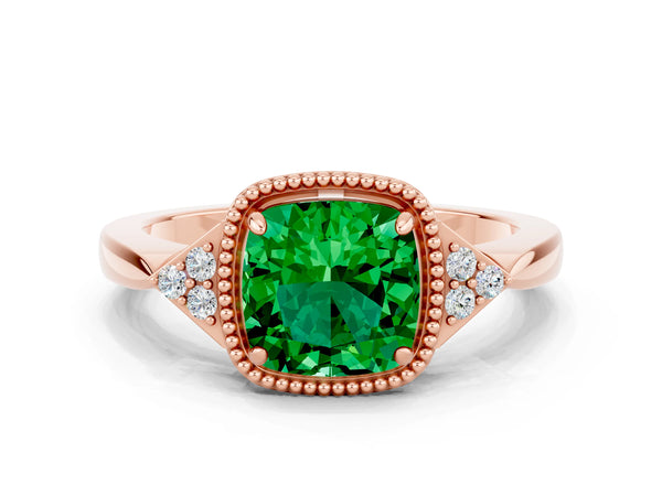 Rose gold Cushion Cut Emerald Halo Ring with Tapered Band and Four-Prong Setting