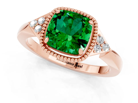 Rose gold Cushion Cut Emerald Halo Ring with Tapered Band and Four-Prong Setting_1