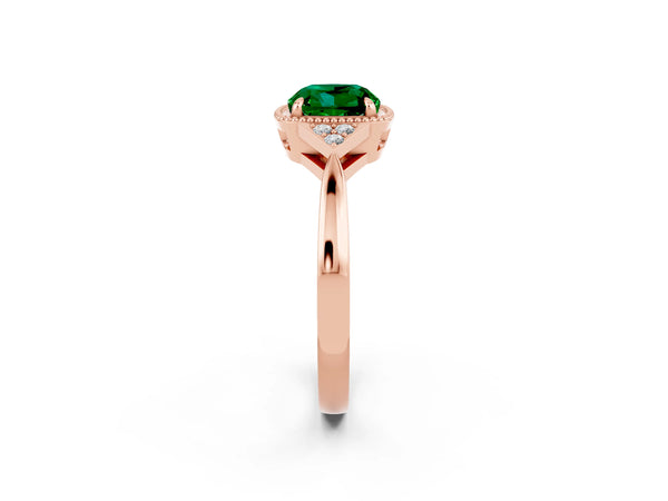 Rose gold Cushion Cut Emerald Halo Ring with Tapered Band and Four-Prong Setting