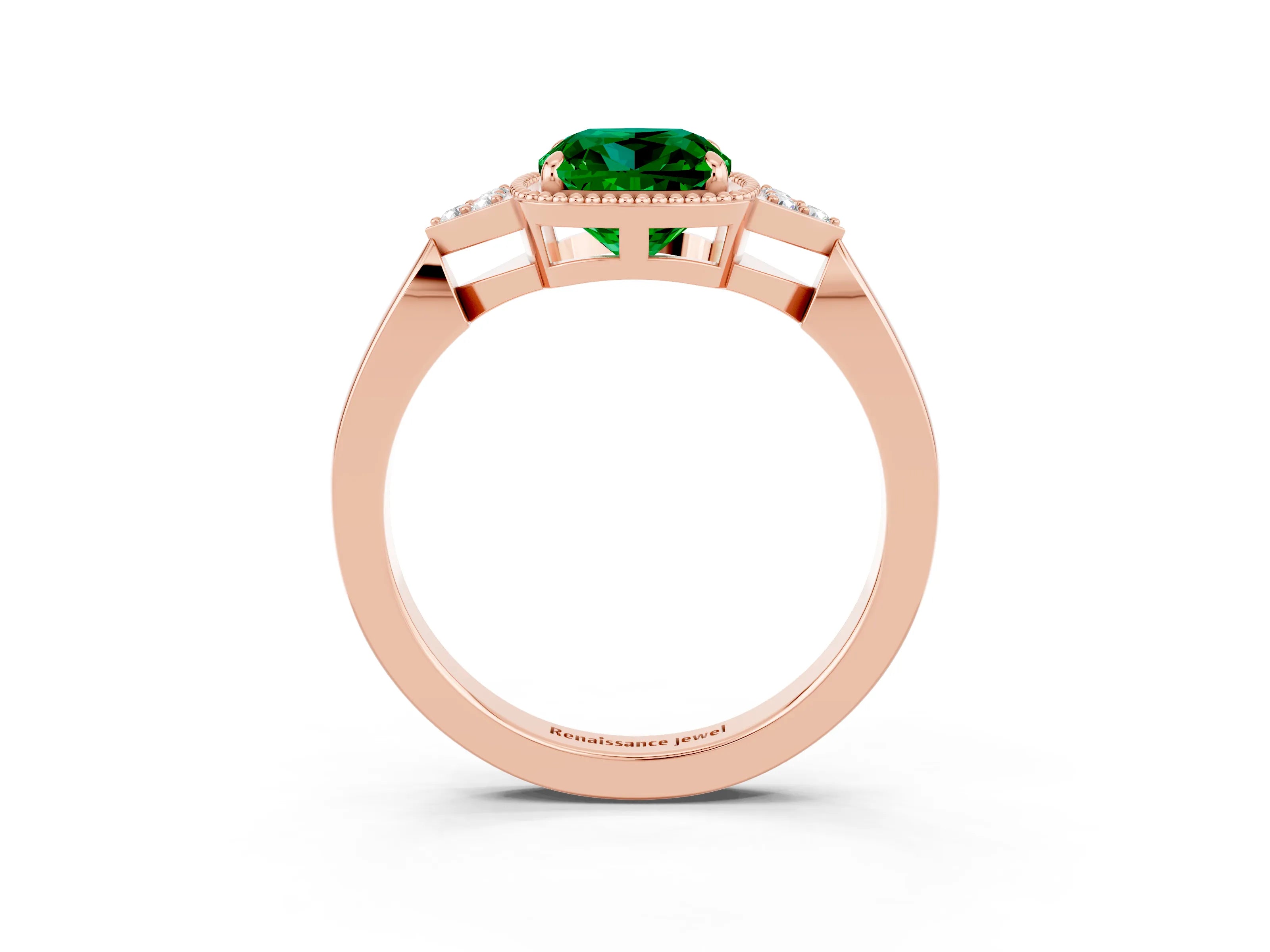 Rose gold Cushion Cut Emerald Halo Ring with Tapered Band and Four-Prong Setting_3