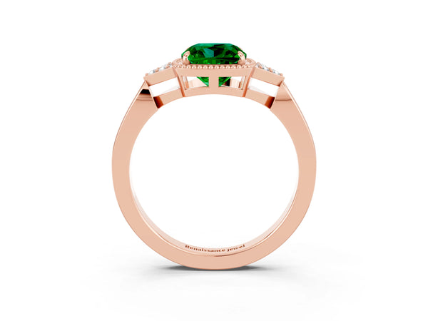 Rose gold Cushion Cut Emerald Halo Ring with Tapered Band and Four-Prong Setting