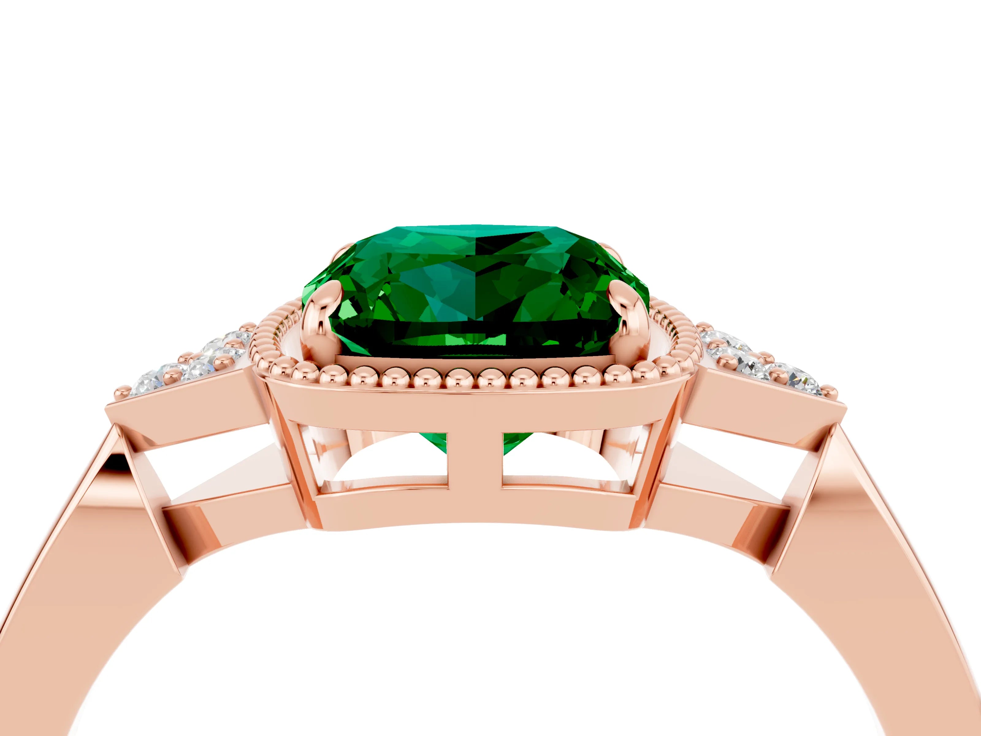 Rose gold Cushion Cut Emerald Halo Ring with Tapered Band and Four-Prong Setting_4
