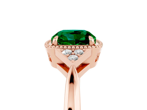 Rose gold Cushion Cut Emerald Halo Ring with Tapered Band and Four-Prong Setting_5