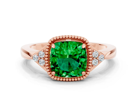 Rose gold Cushion Cut Emerald Halo Ring with Tapered Band and Four-Prong Setting