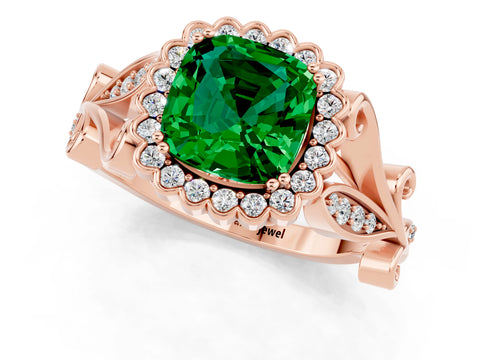 Rose gold Cushion Cut Emerald Halo Ring with Vintage Split Shank and Four-Prong Setting_1