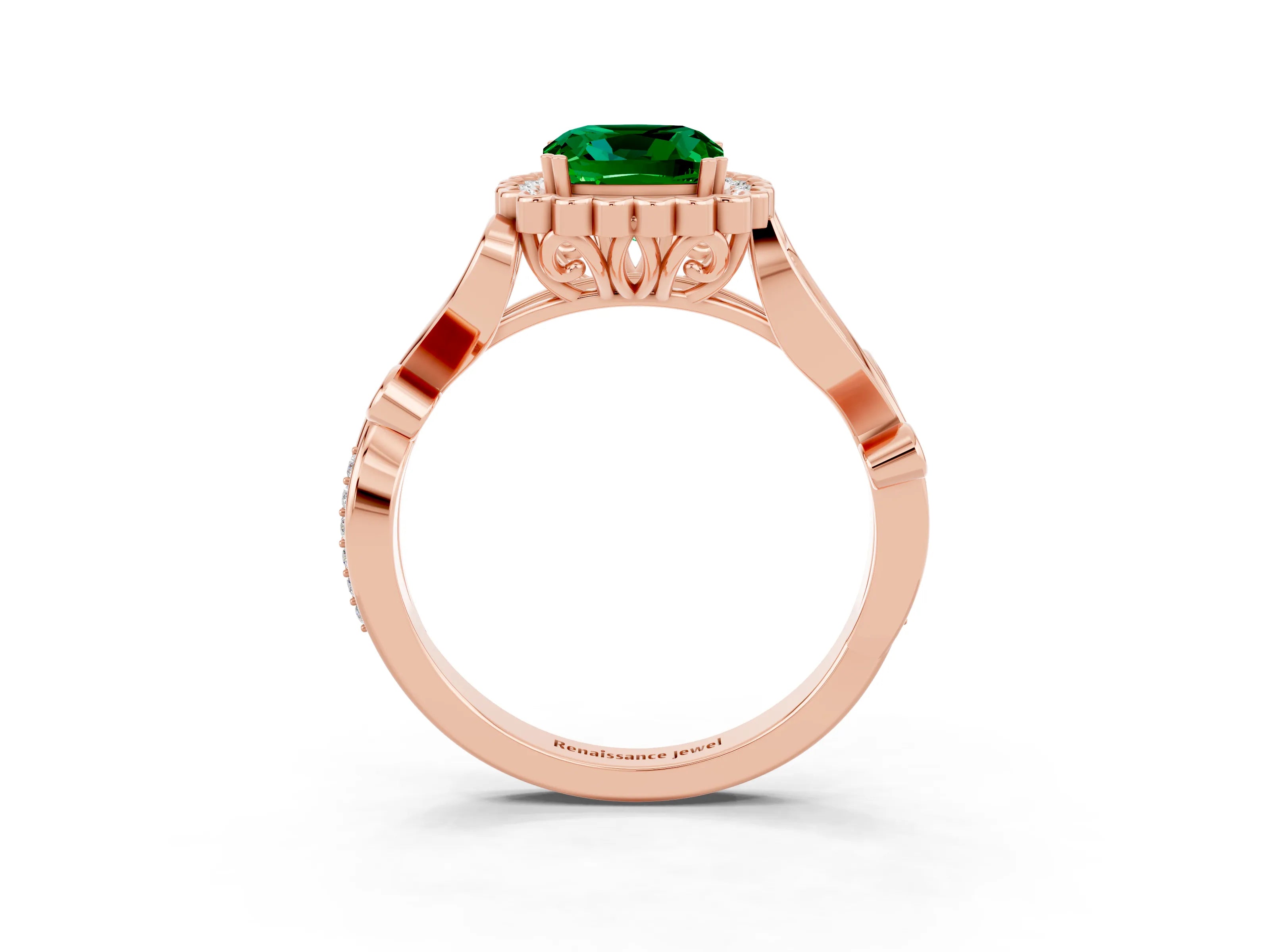 Rose gold Cushion Cut Emerald Halo Ring with Vintage Split Shank and Four-Prong Setting_3