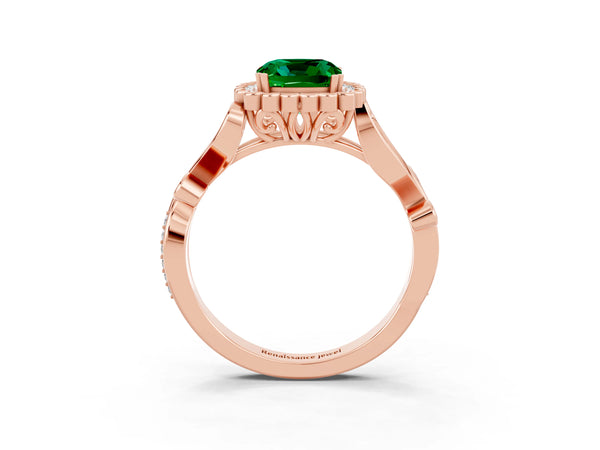 Rose gold Cushion Cut Emerald Halo Ring with Vintage Split Shank and Four-Prong Setting