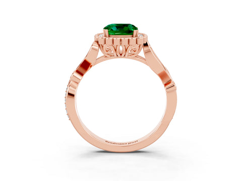 Rose gold Cushion Cut Emerald Halo Ring with Vintage Split Shank and Four-Prong Setting_3