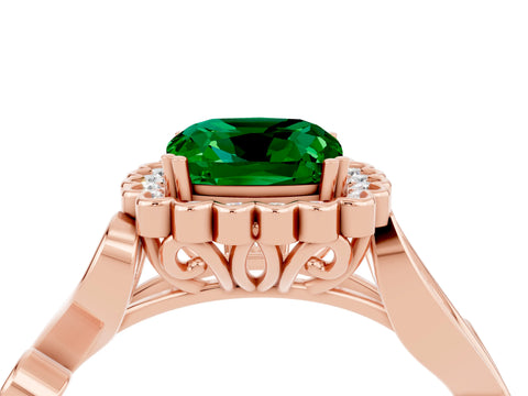 Rose gold Cushion Cut Emerald Halo Ring with Vintage Split Shank and Four-Prong Setting_4