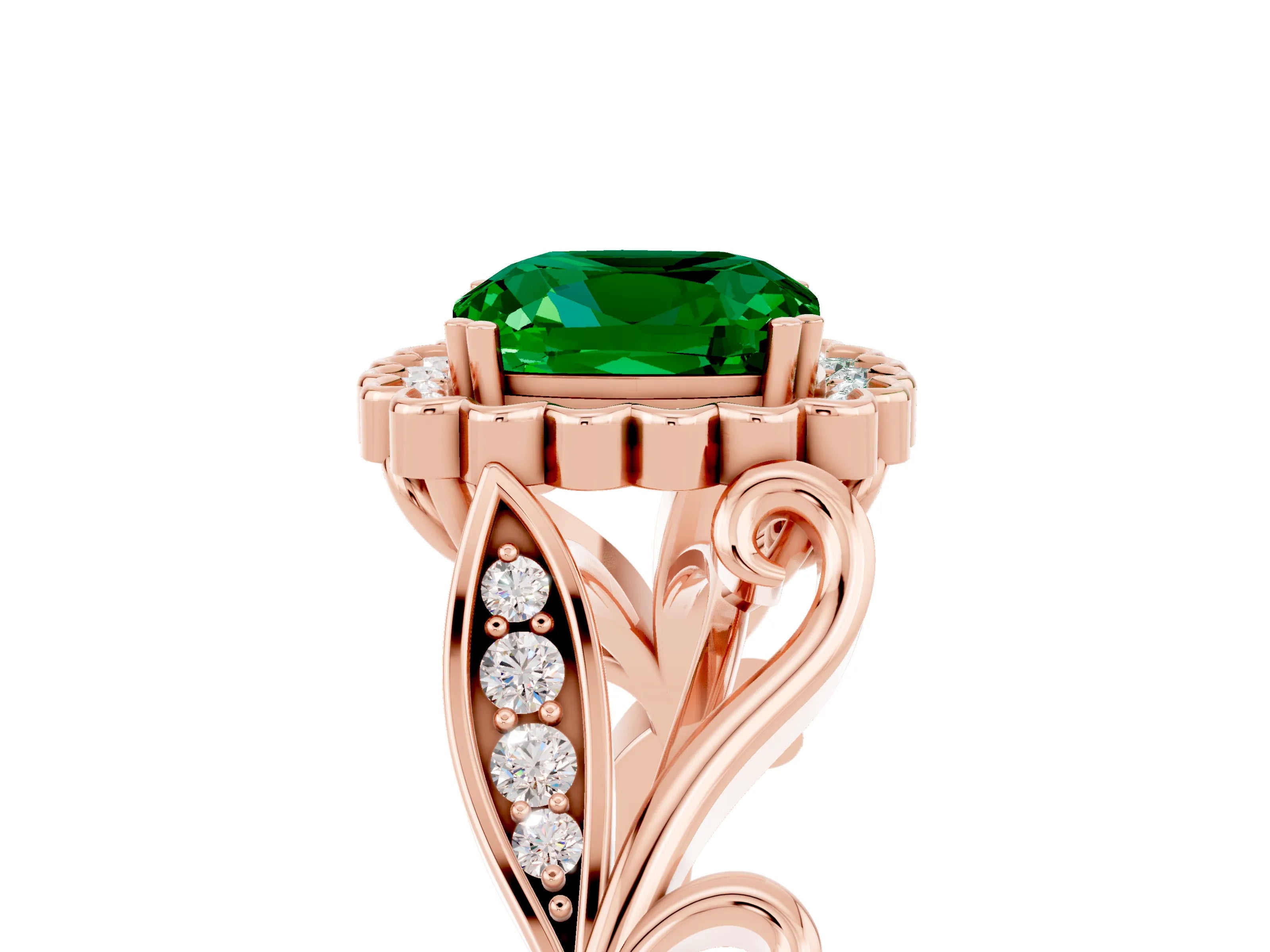 Rose gold Cushion Cut Emerald Halo Ring with Vintage Split Shank and Four-Prong Setting_5