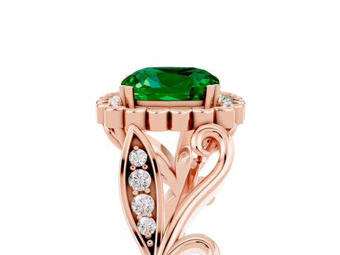 Rose gold Cushion Cut Emerald Halo Ring with Vintage Split Shank and Four-Prong Setting_5