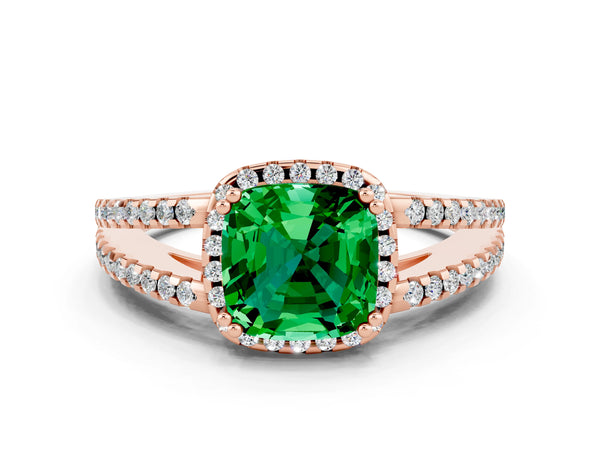 Rose gold Cushion Cut Emerald Halo Split Shank Engagement Ring