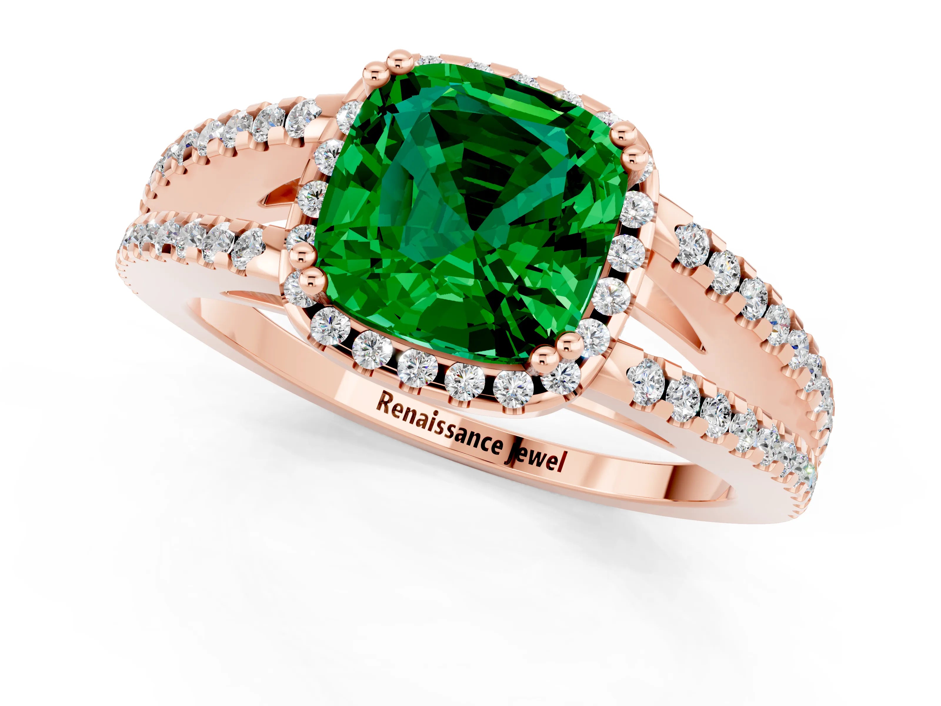 Rose gold Cushion Cut Emerald Halo Split Shank Engagement Ring_13