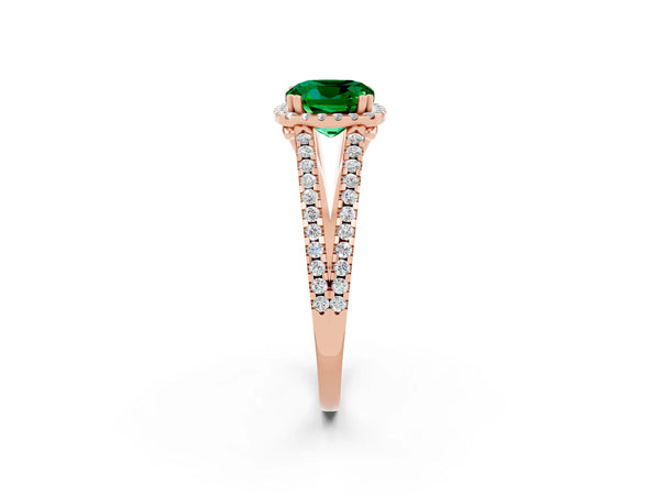 Rose gold Cushion Cut Emerald Halo Split Shank Engagement Ring