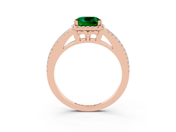 Rose gold Cushion Cut Emerald Halo Split Shank Engagement Ring