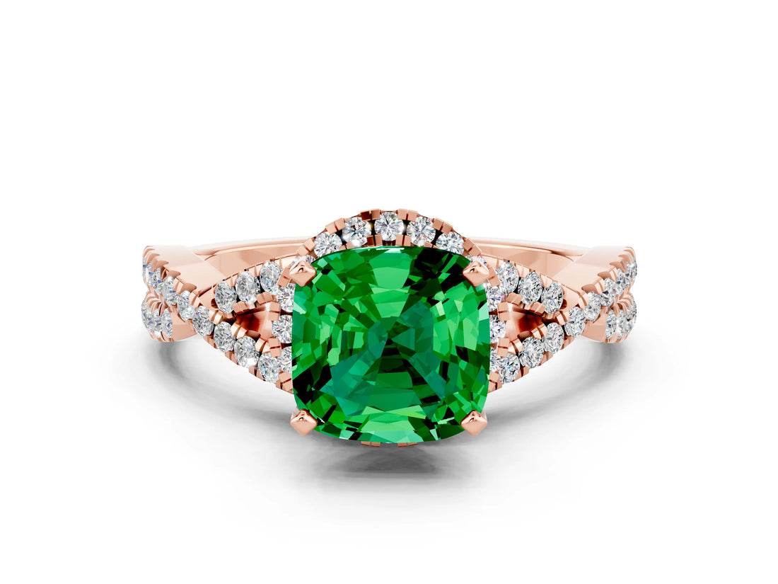 Rose gold Cushion Cut Emerald Halo Twist Band Solitaire Prong Setting Ring