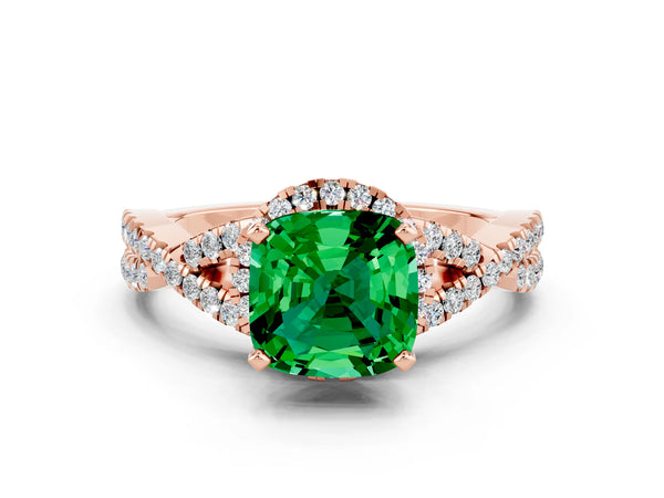 Rose gold Cushion Cut Emerald  Halo Twist Band Solitaire Prong Setting Ring