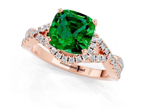 Rose gold Cushion Cut Emerald  Halo Twist Band Solitaire Prong Setting Ring