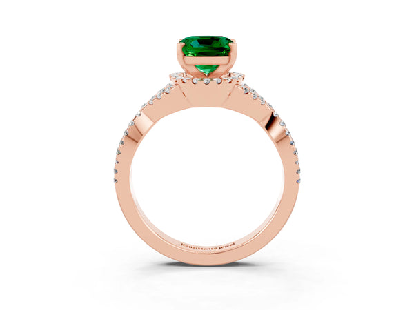Rose gold Cushion Cut Emerald  Halo Twist Band Solitaire Prong Setting Ring